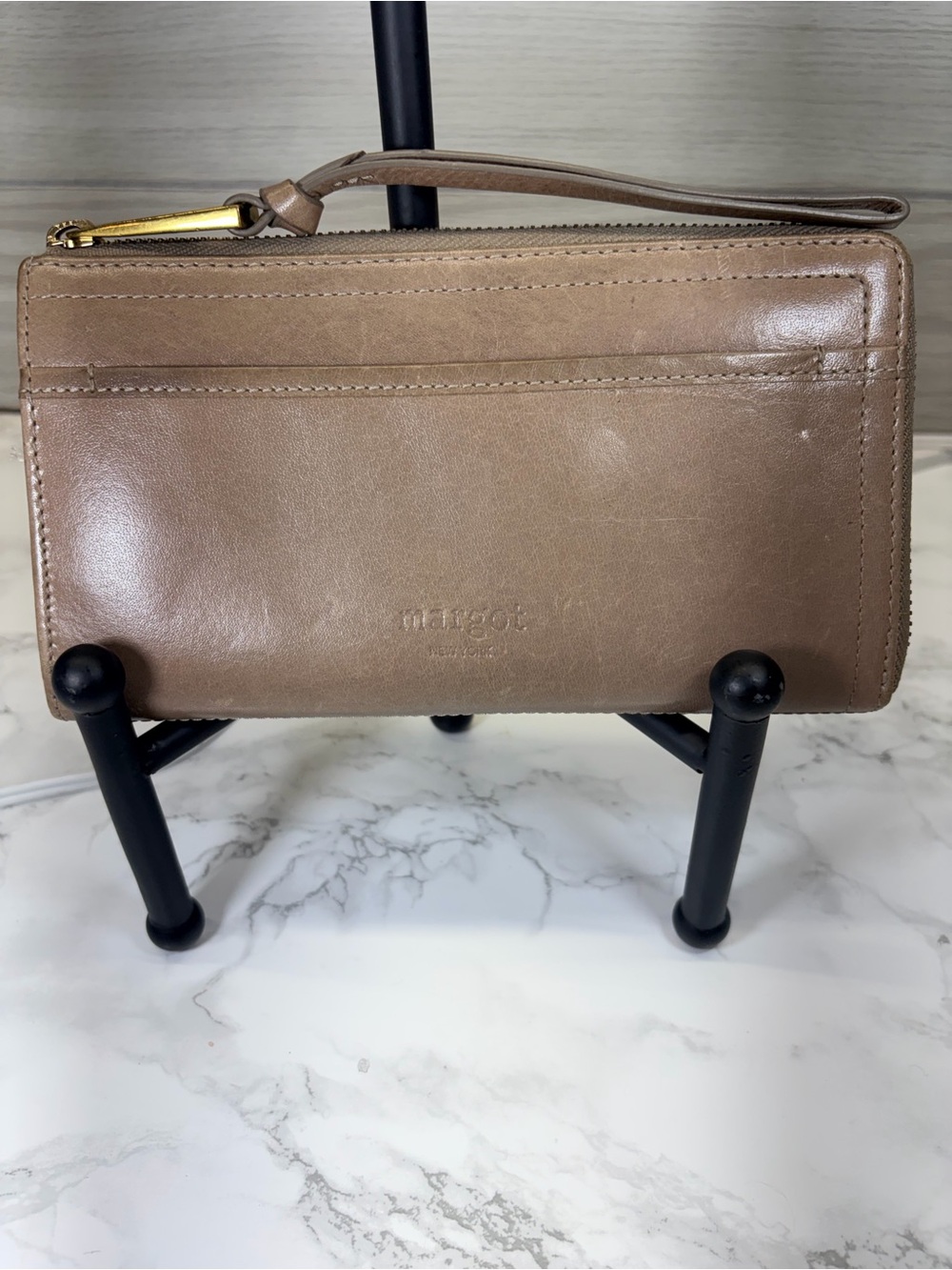 margot Taupe Leather Zip Wristlet with Front Pocket